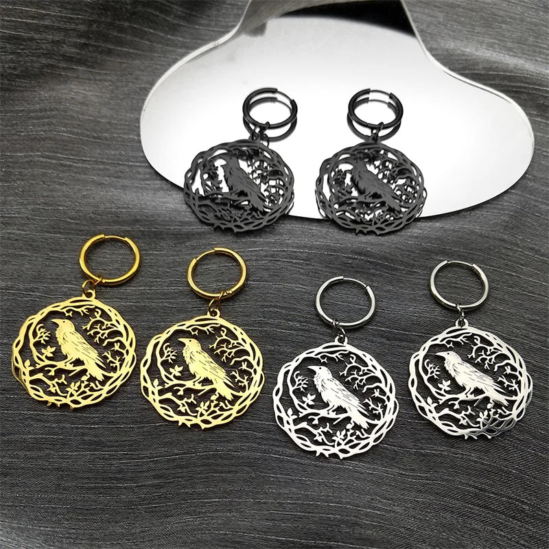 Tree Of Life Steel Earrings Gothic Crow Bird Dangle