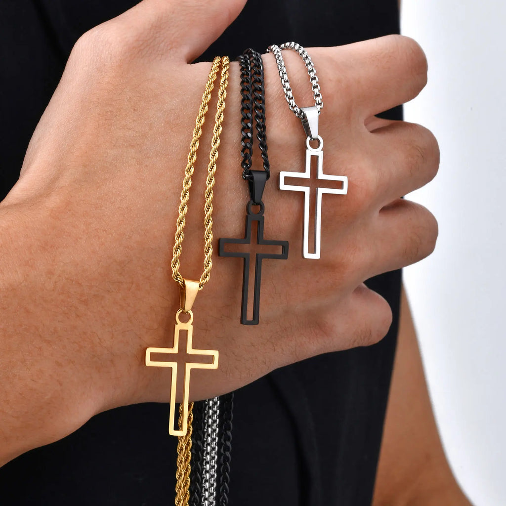 Casual Hollow Cross Necklaces for Men Boys,Waterproof Stainless Steel Cross Pendant Necklace,Religious Faith Prayer Jewelry Gift