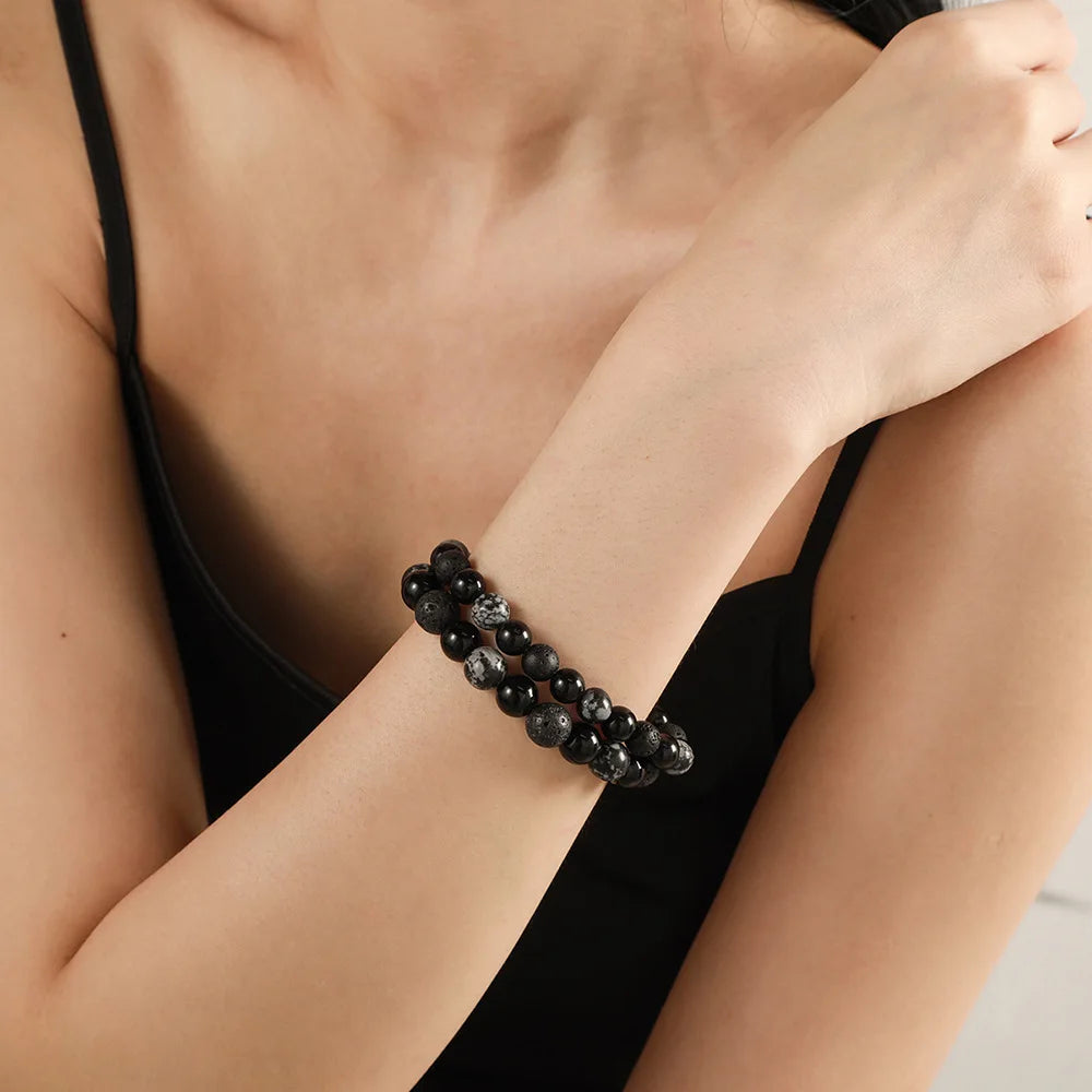 Vintage Dark Tone Natural Stone Bracelet, Matte Black Onyx Mixed Snowflake Obsidian Beaded Bracelet, Trendy Gothic