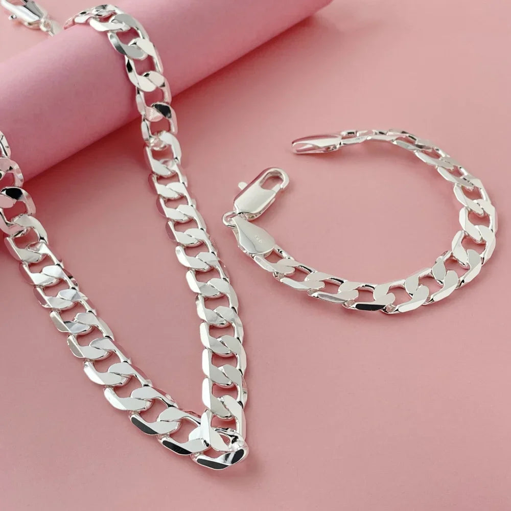 Side Chain Bracelet Necklace Set 12mm — Silver-Tone