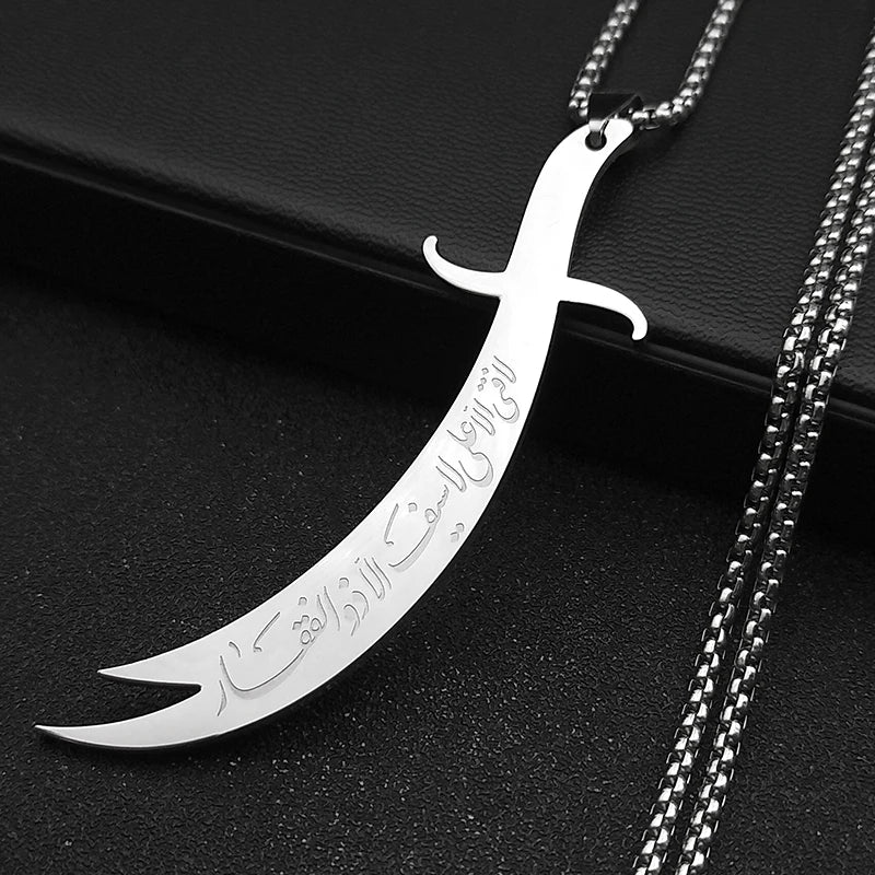 Islamic Imam Ali Zulfiqar Sword Pendant Necklace for Women Men Stainless Steel Gold Color Muslim Male Chain Jewelry