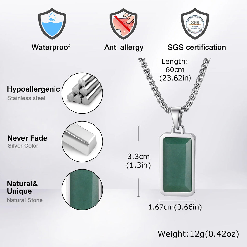 Geometric Square Green Stone Pendant Necklace — 50cm & 60cm Chain