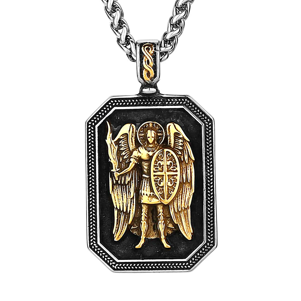 Archangel Michael Cross Shield Prayer Tag Titanium Stainless Steel Pendant Men's Amulet Necklace Jewelry Gift