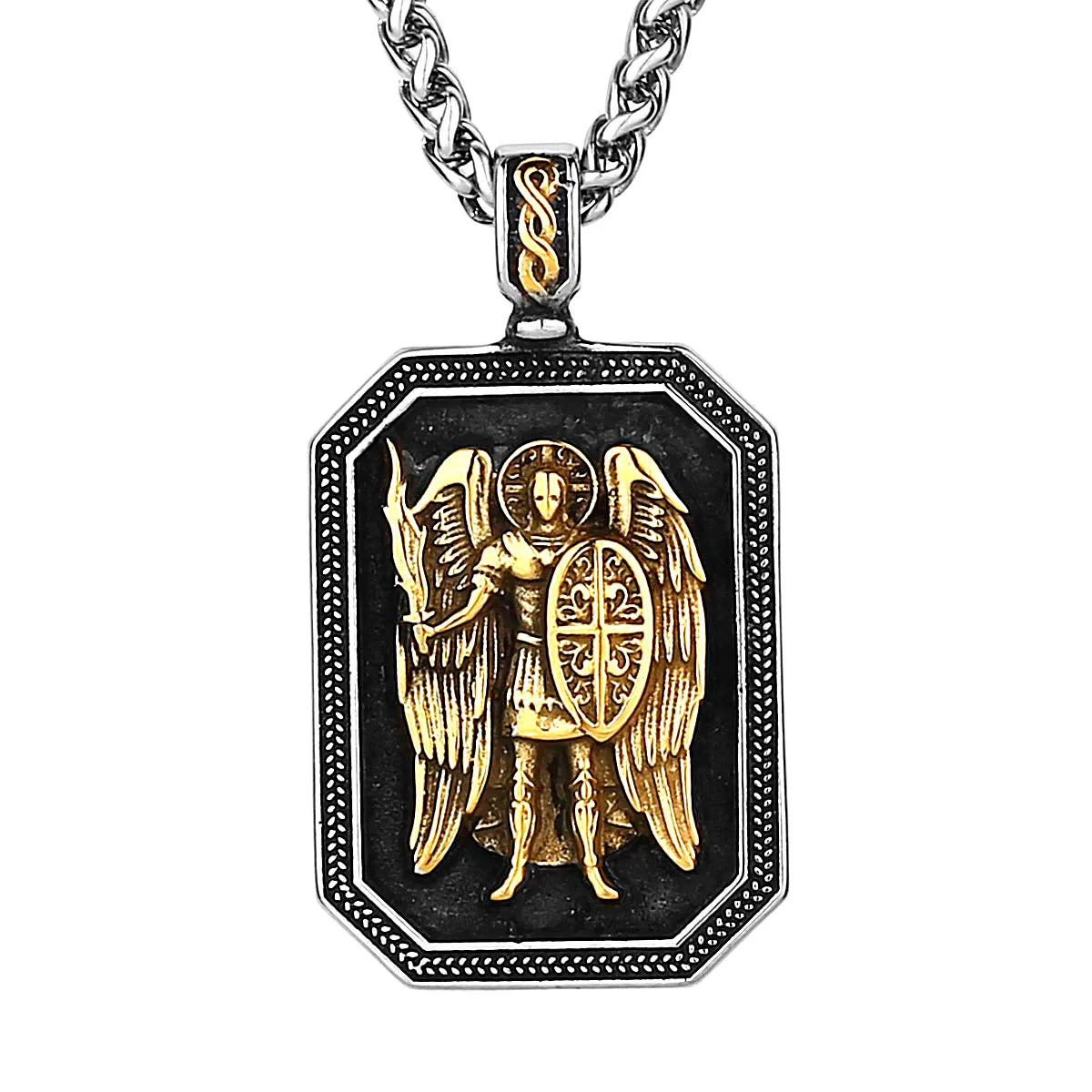 Archangel Michael Cross Shield Prayer Tag Titanium Stainless Steel Pendant Men's Amulet Necklace Jewelry Gift