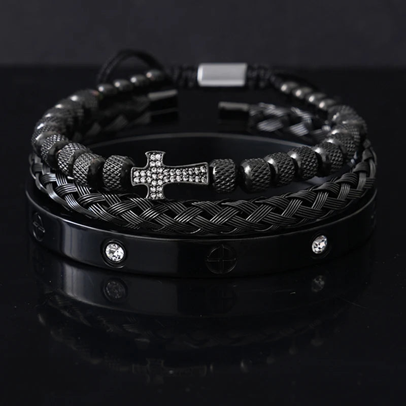 Luxury Stainless Steel Beads Cross Charms Man Bracelet CZ Bangles Women Jewelry Set Gift