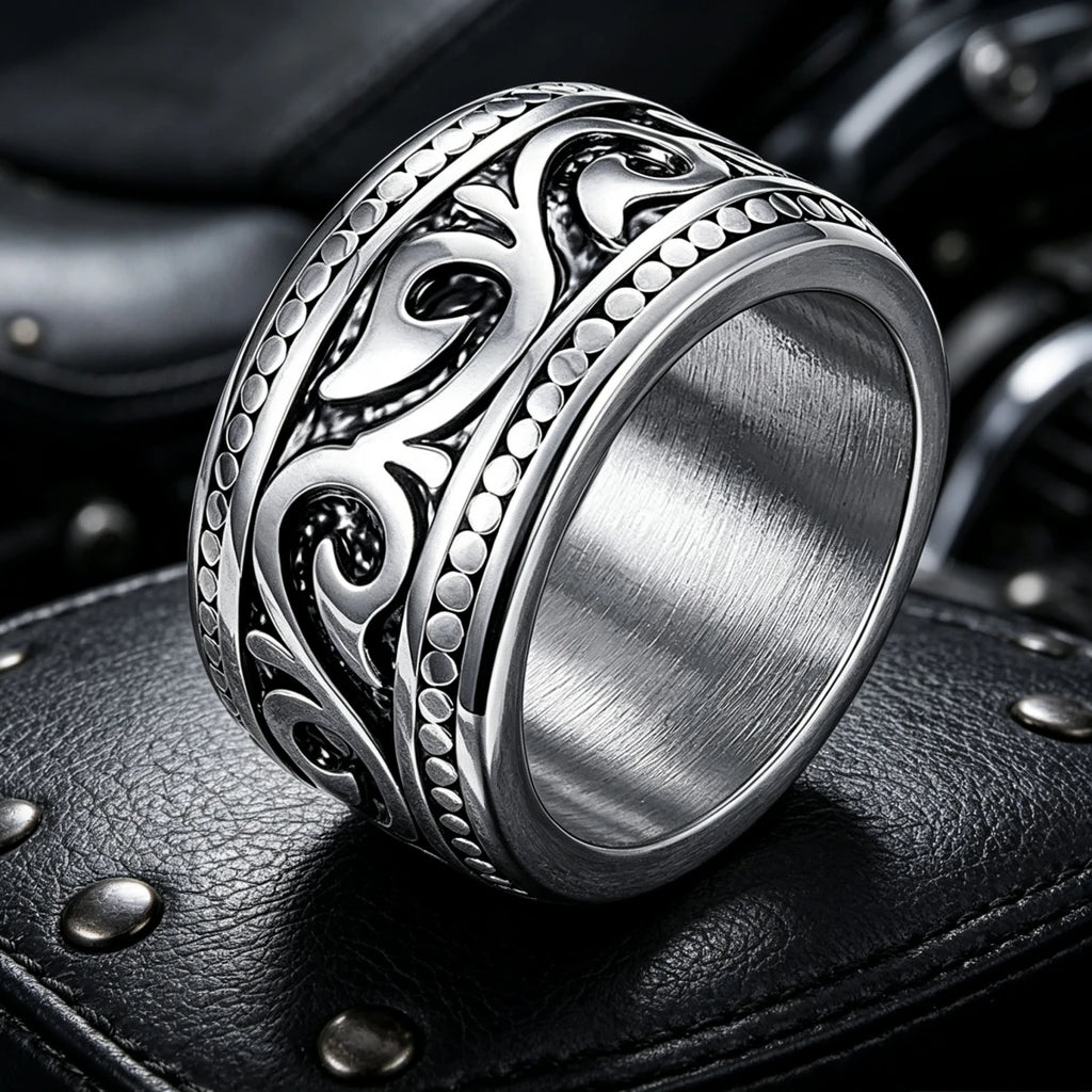 HNSP 316L Stainless Steel Vintage Scroll Vine Carved 13MM Wide Band Ring for Men Biker Punk Antiqued Oxidized Statement