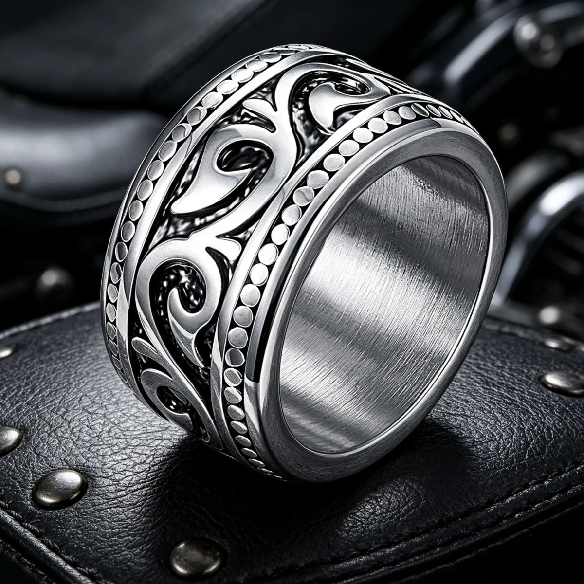 HNSP 316L Stainless Steel Vintage Scroll Vine Carved 13MM Wide Band Ring for Men Biker Punk Antiqued Oxidized Statement