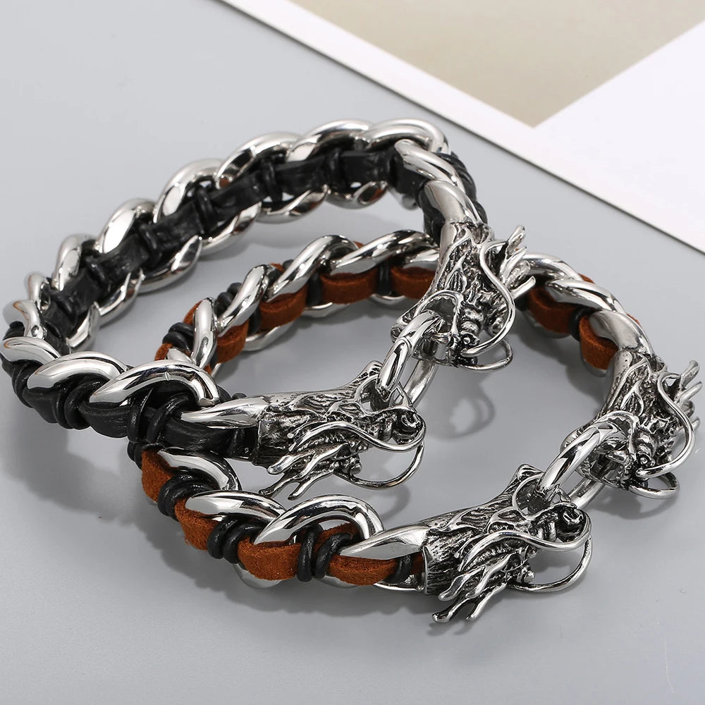 Punk Rocker Dragon Head Bracelet Man Braided Genuine Leather & 316l Stainless Steel Men's Wrist Strap Bracelets Handles