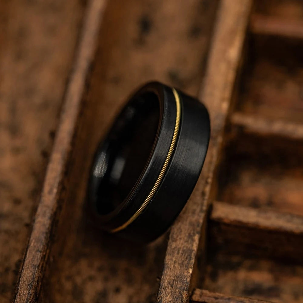Fashion Black Stainless Steel Rings for Men With Guitar String Inlay Guitarist Ring For Musician Wedding Jewelry Drop