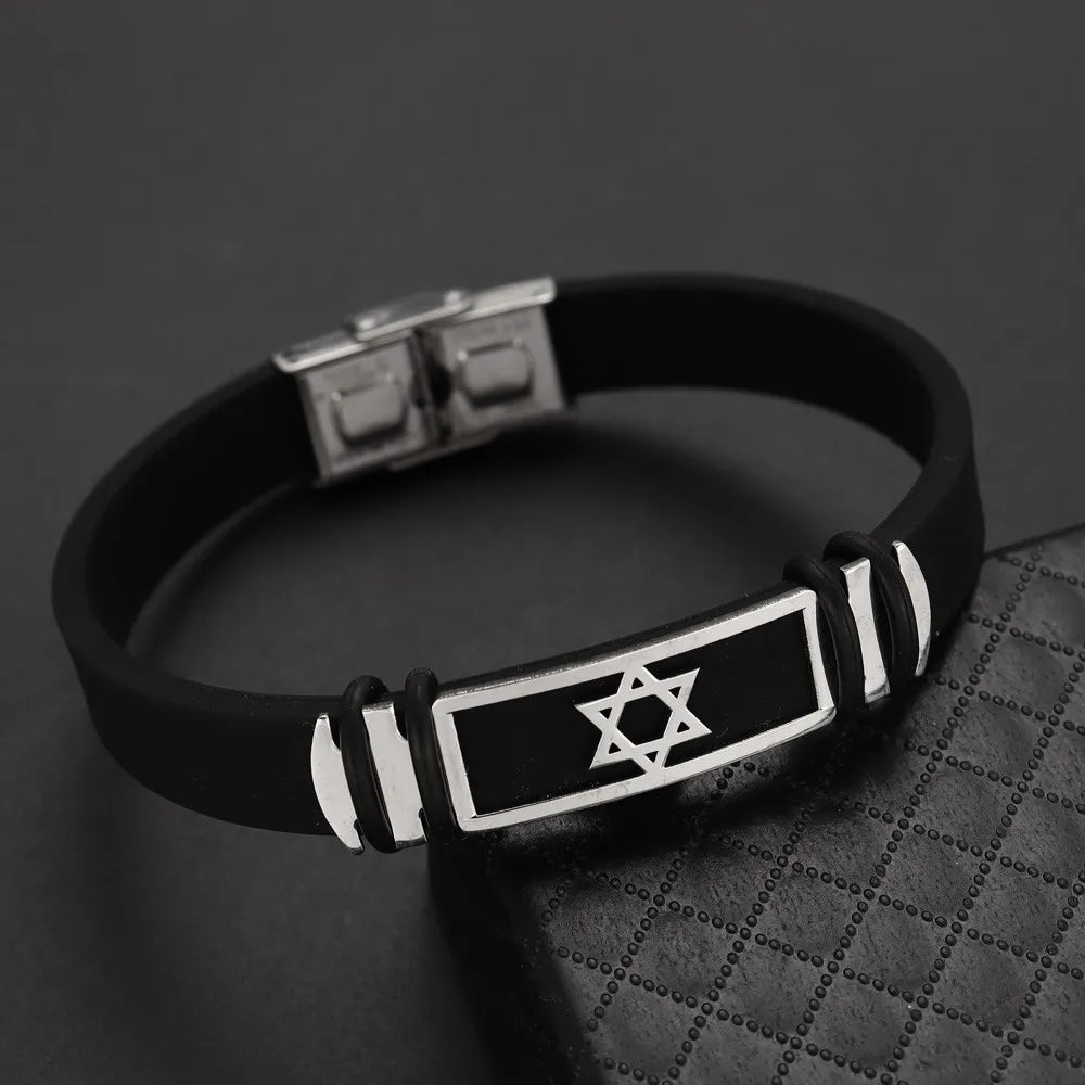 New Simple Style Black High Quality Silicone Alloy Hexagram Star Men's Bracelet Popular Glamour Men Accessories