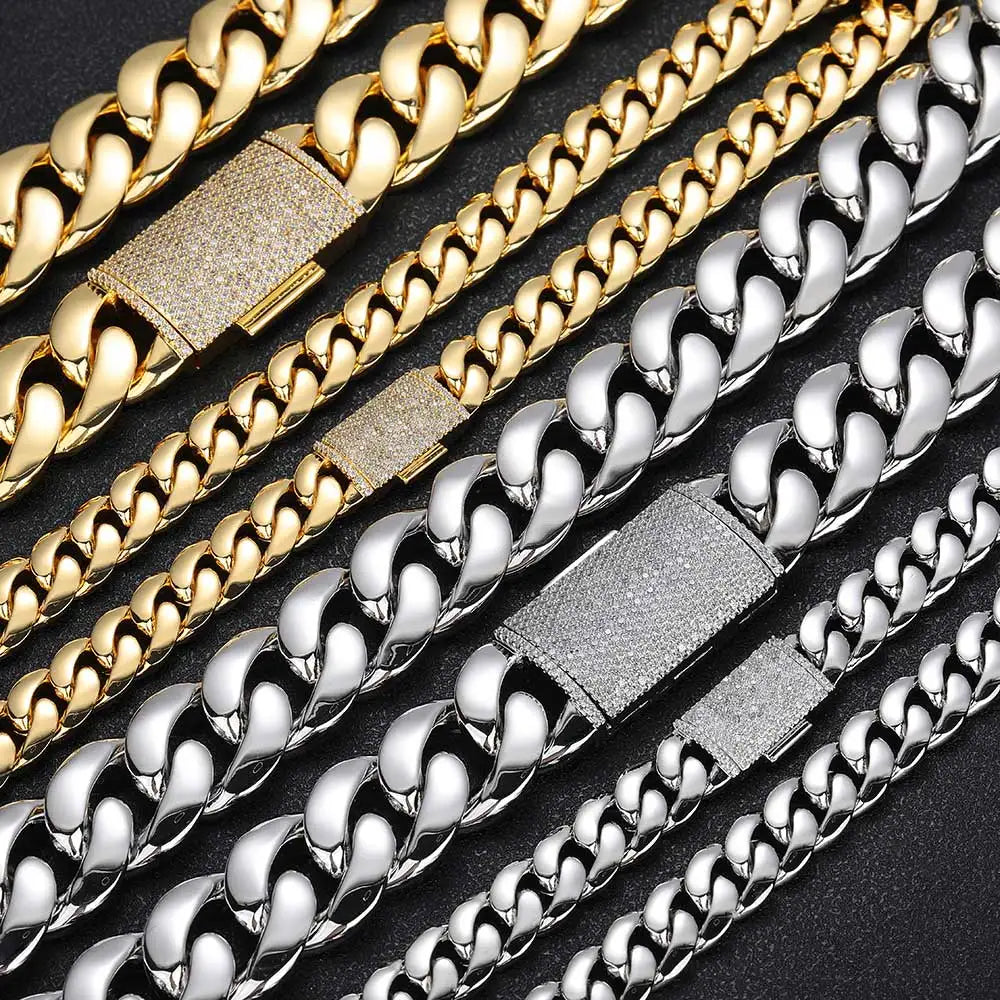 Gold Cuban Chain Necklace Iced Out 18K 12/22MM