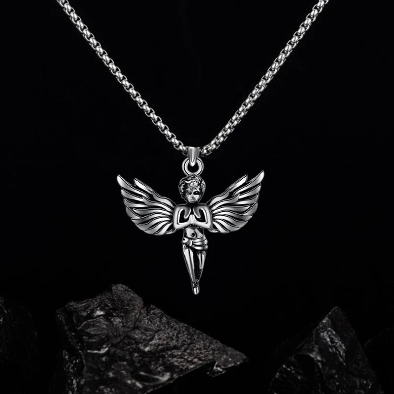 Silver Angel Wing Feather Pendant Necklace