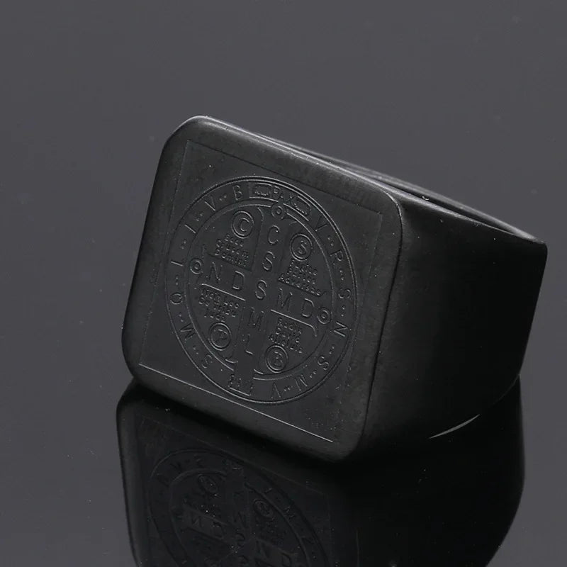 St. Benedict Exorcism Ring for Men — Geometric Square Band
