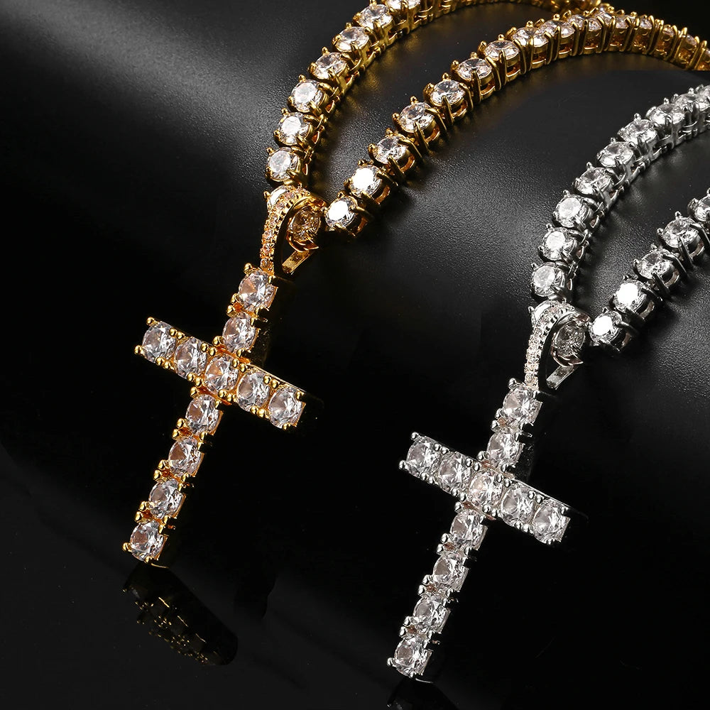 Iced Out Cross Pendant Necklace Stainless Steel CZ