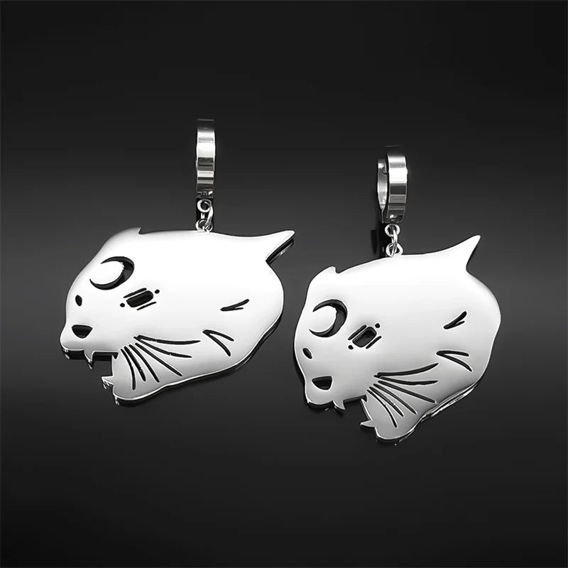 Cat Silver Earrings Witchcraft Head Moon Hoop