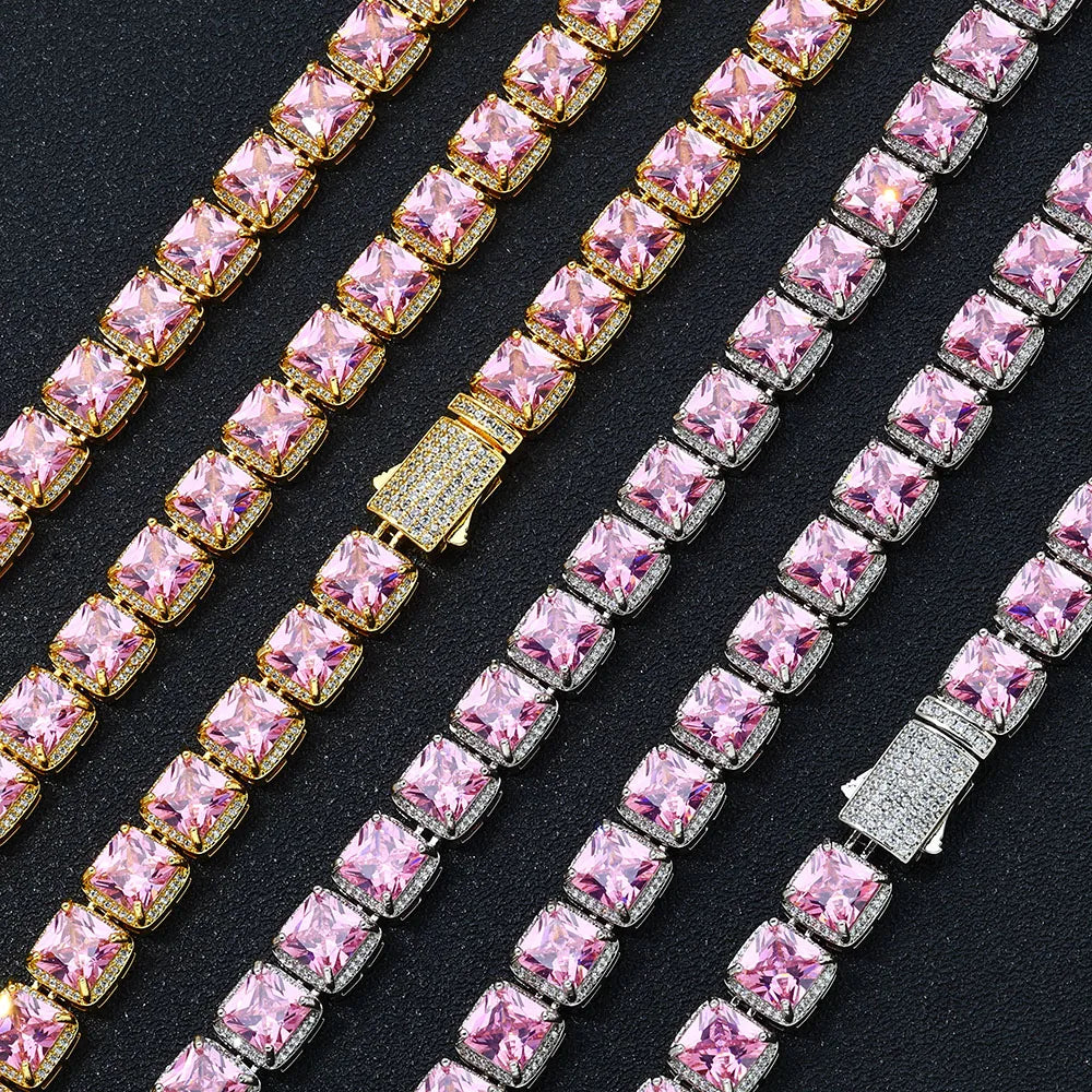Tennis Chain Necklace Iced Out Pink Princess Cut