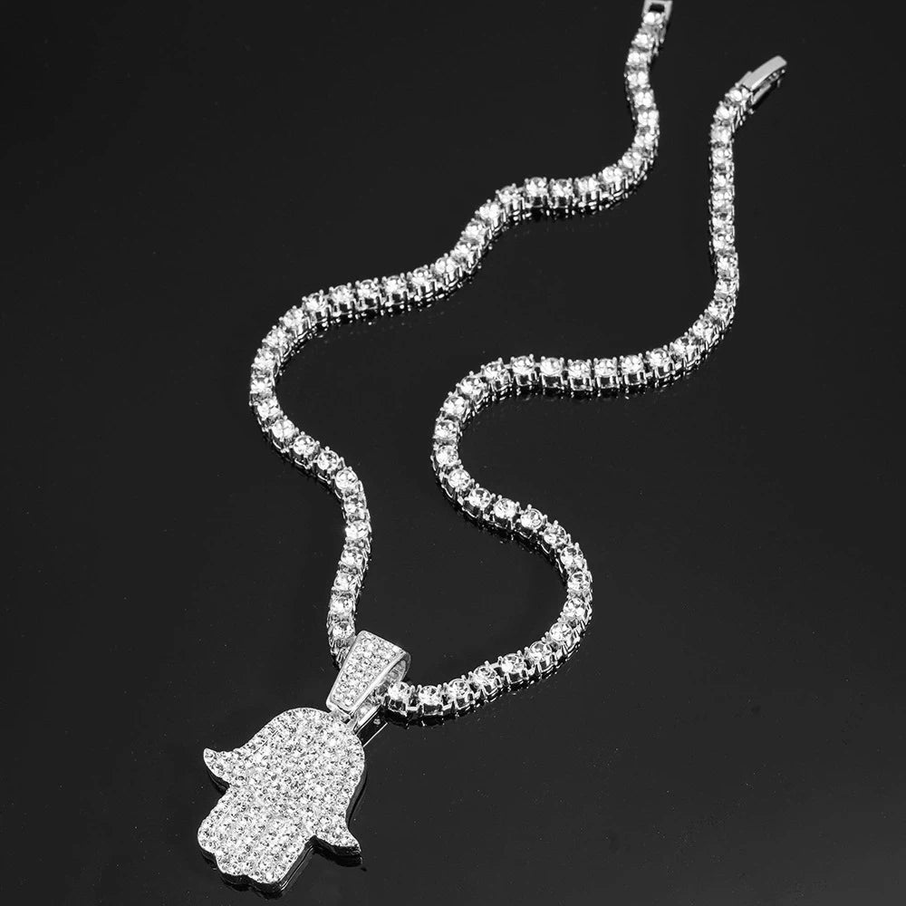 Men's Women Hip Hop Hamsa Hand Pendants Necklaces With 4mm Crystal Tennis Chain Punk  Rapper Jewelry Hiphop Style Couple Gifts