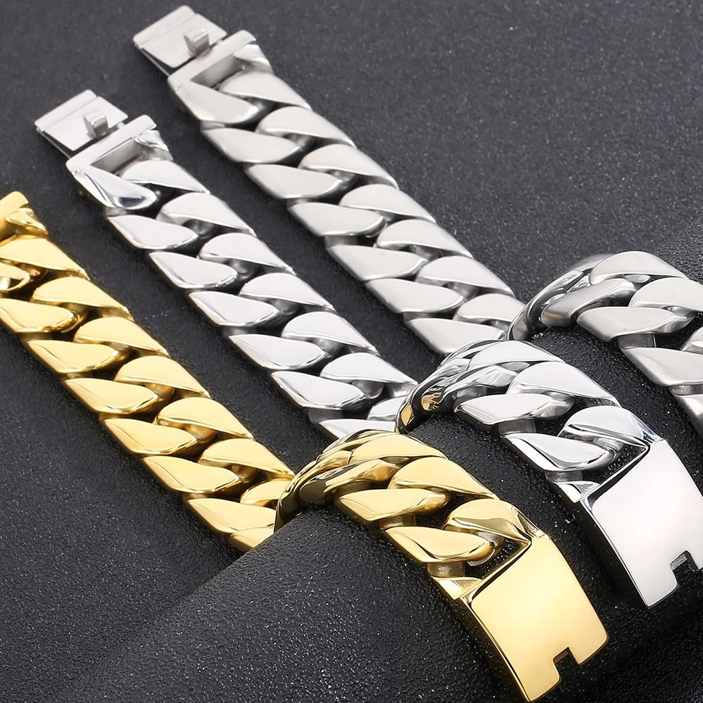 20MM Curb Cuban Chain Men Bracelet for Man Polished Brushed Waterproof Gold Color Stainless Steel Wristbands New In