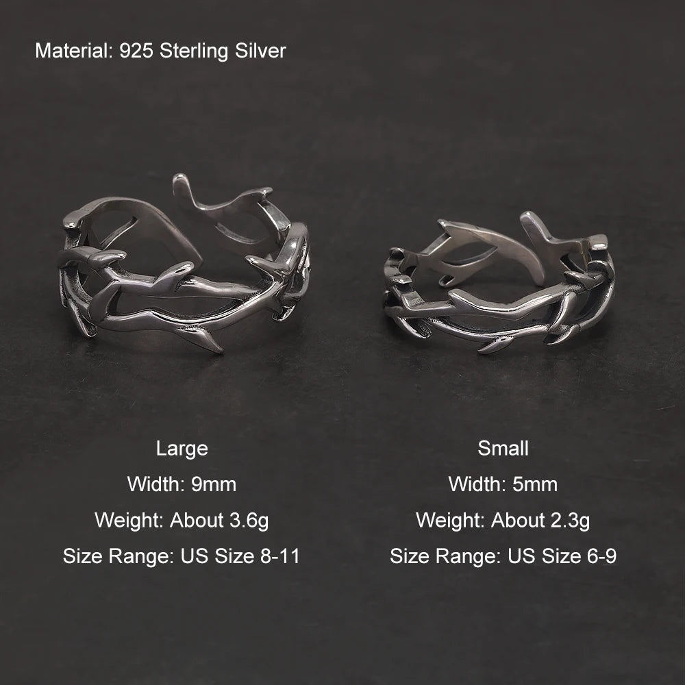 925 Sterling Silver Gothic Thorn Couple Rings for Women Men Punk Retro Cool Spiky Finger Ring Adjustable Hip-hop Y2k