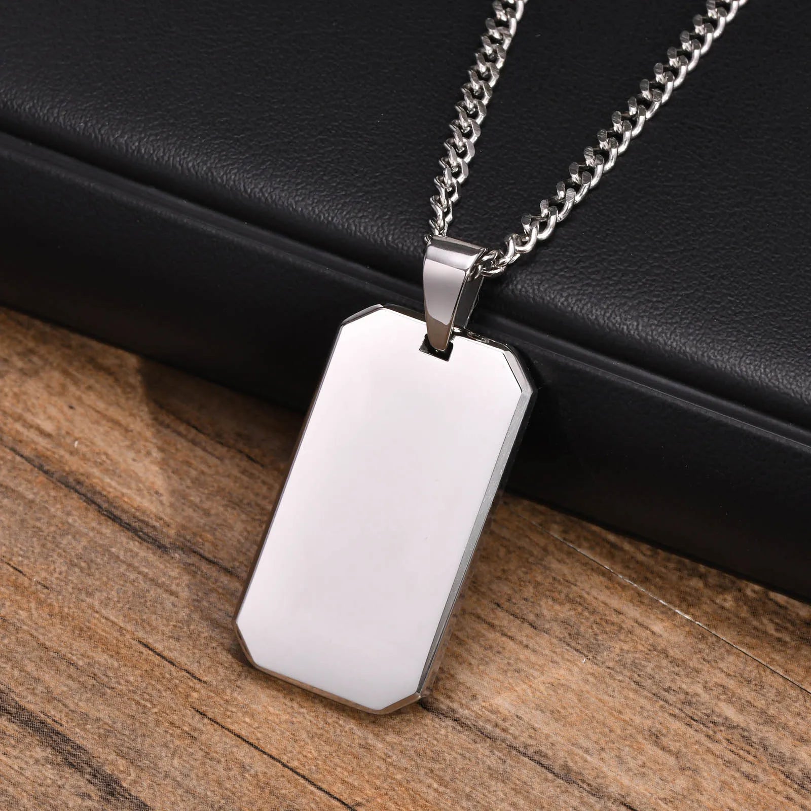 Vnox Men Dogtag Necklaces, Geometric Rectangle Pendant with Cuban Chain, Black Silver Color Stainless Steel Casual Neck