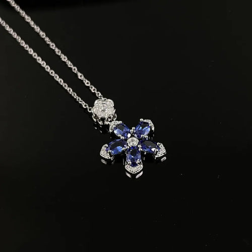 Blue Zircon Flower Necklace — Stainless