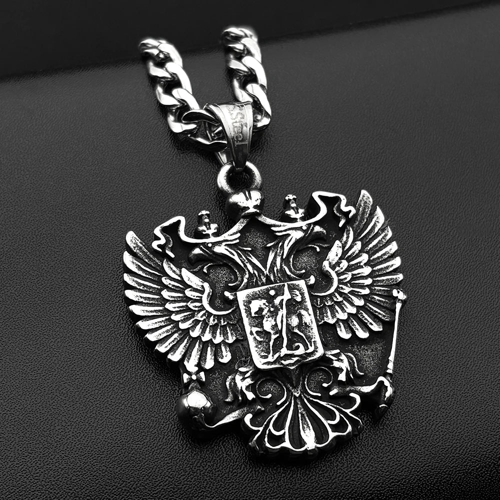 Russian Double-Headed Eagle National Emblem Symbol Pendant Necklace for Women Men Silver Color Stainless Steel Chain Jewelry