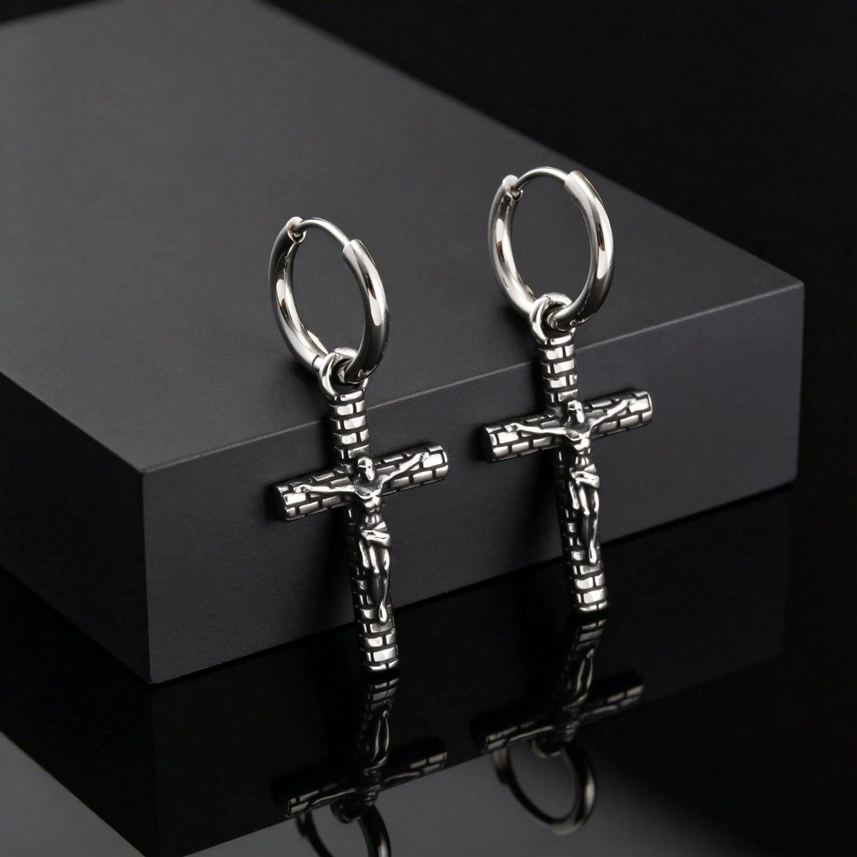 Jesus Cross Textured Dangle Earrings — Stainless Steel