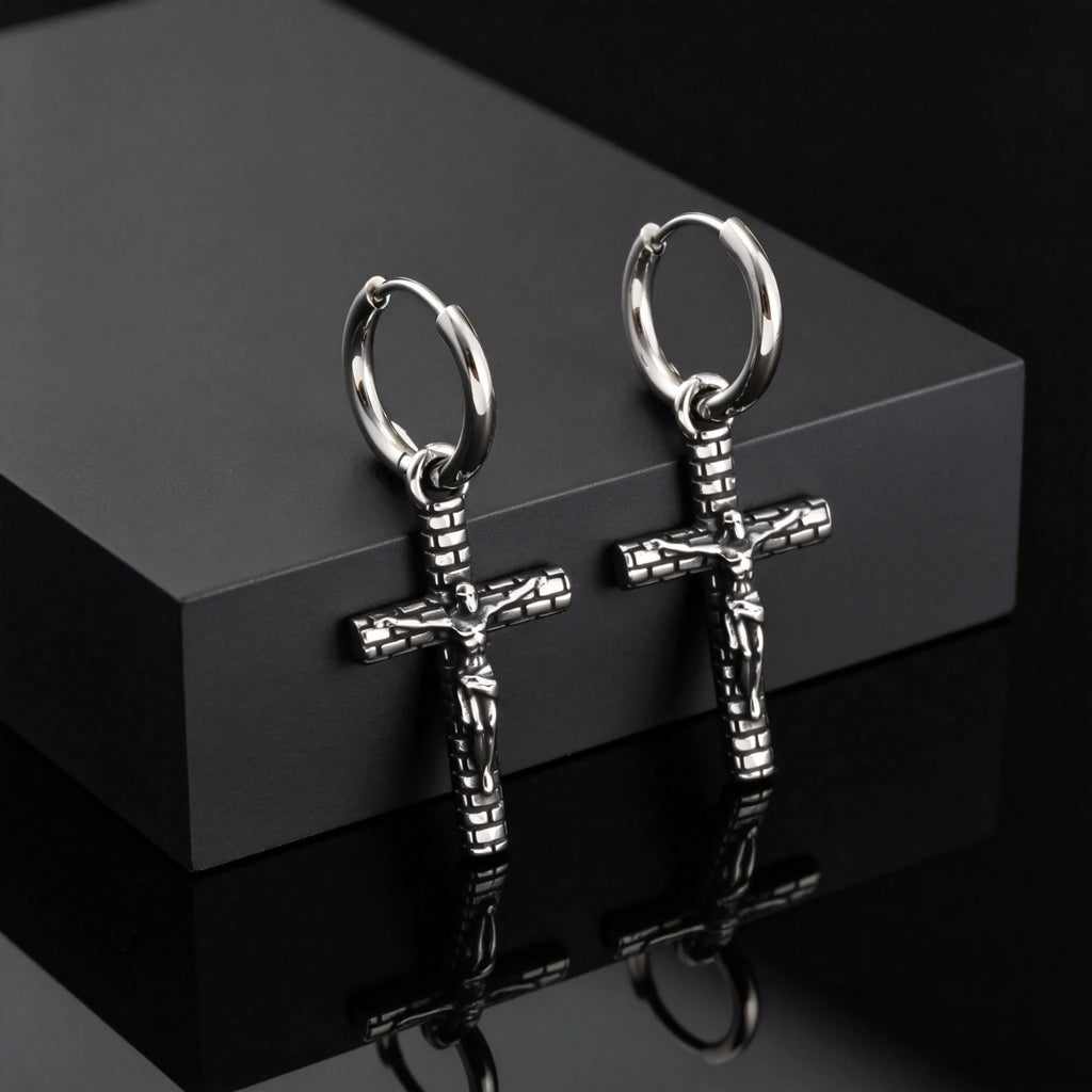 Classic Texture Cross Pendant Earrings for Men, Stainless Steel Jesus Drop Dangle Earrings, Unique Religious Ear Jewelry Gifts