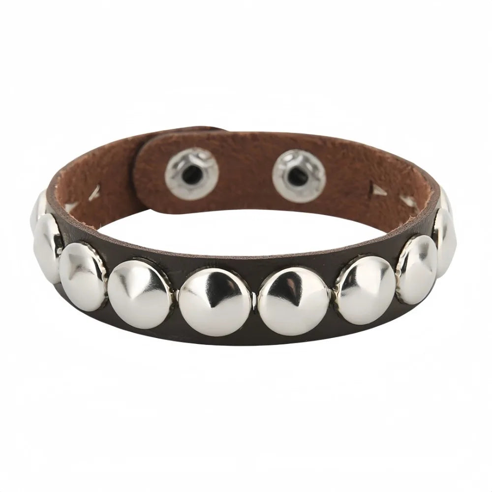 Gothic Round Rivet Leather Cuff Bracelet — Adjustable Bangle