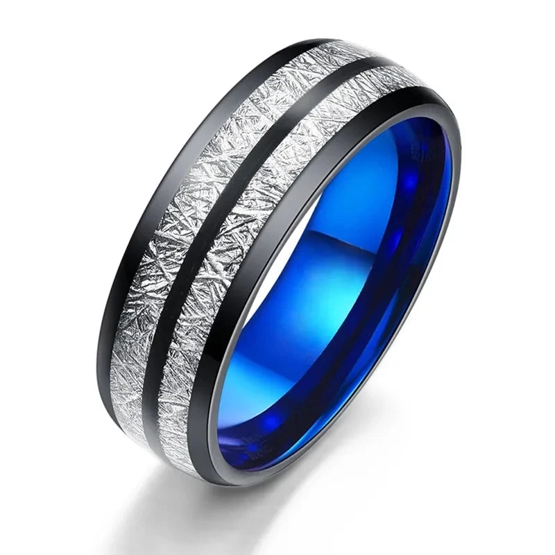 Fashion Men's Stainless Steel Rings 8mm Classical Black Blue Groove Beveled Edge Wedding Engagement Anniversary Jewelry