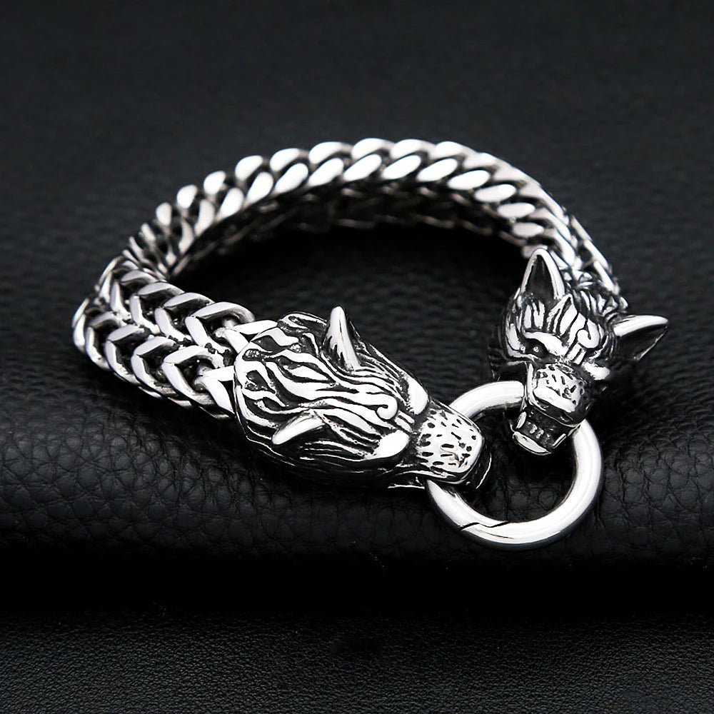 Double Wolf Head Bracelet — Stainless Steel