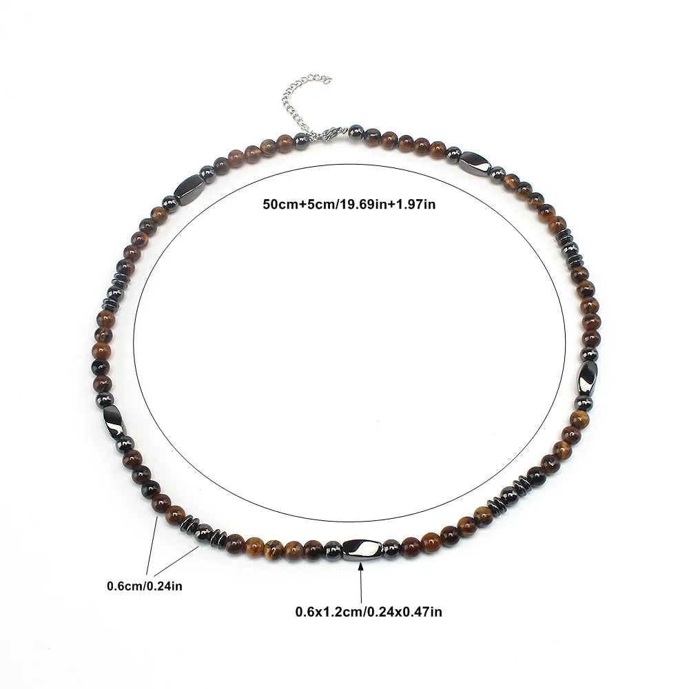 Natural Tiger Eye Hematite Bead Necklace — Zinc Alloy, 6mm