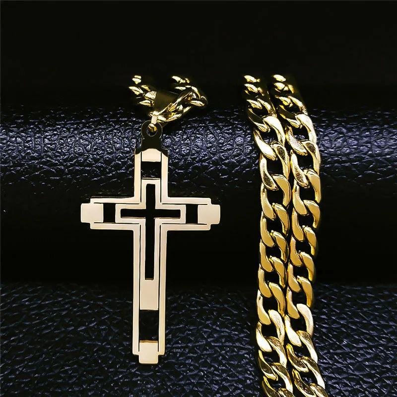 Hip Hop Cross Stainless Steel Chain Necklaces Gold Color Long Pendant Necklace for Women Men Christian Jewelry collier