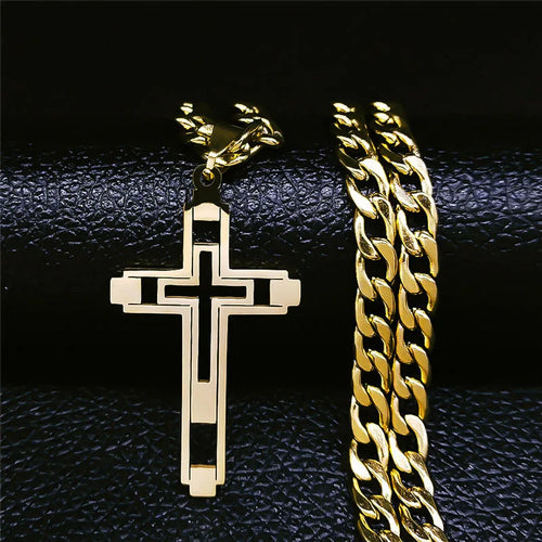 Cross Gold Chain Necklace — Long Pendant Stainless