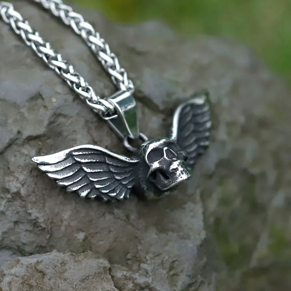 NEW Men's 316L stainless-steel Vintage Angel wing skull Rock Pendant Necklace for teens punk Jewelry free shipping