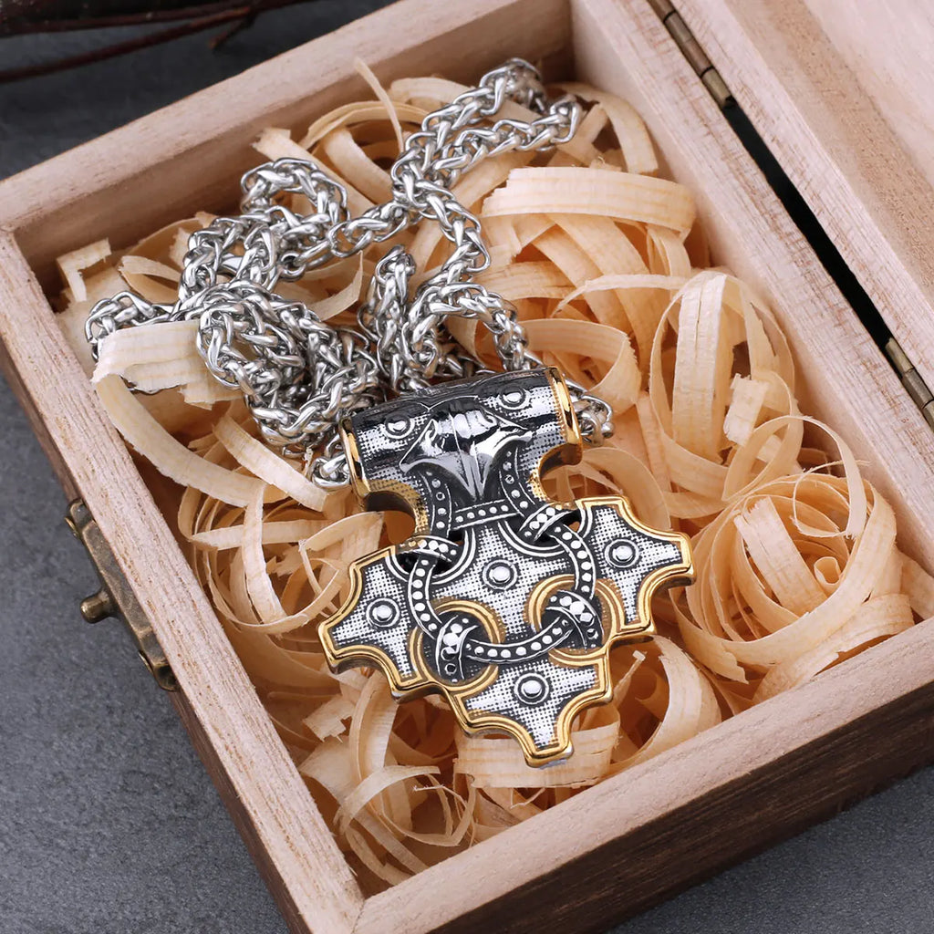 Vintage Viking Odin Raven Mjolnir Thor's Hammer Necklace Men Stainless Steel Hip Hop Biker Amulet Pendant Necklace Gift