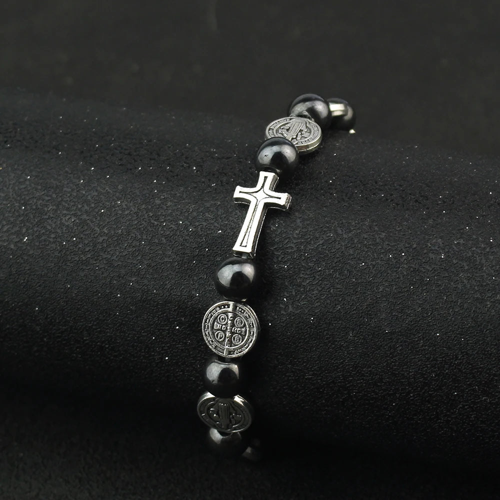 Catholic Rosary Bracelet St. Benedict Medal Cross Prayer Bracelets Hematite Beads Religion Jewelry Accessories Gifts
