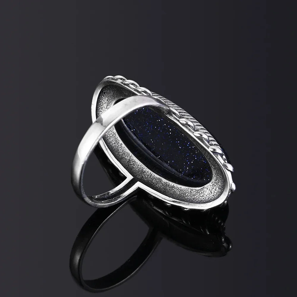 Retro Silver Ring Jewelry Vintage Blue Sandstone Large Stone Luxury Elegant Ring Fine Gift Rings for Women Men