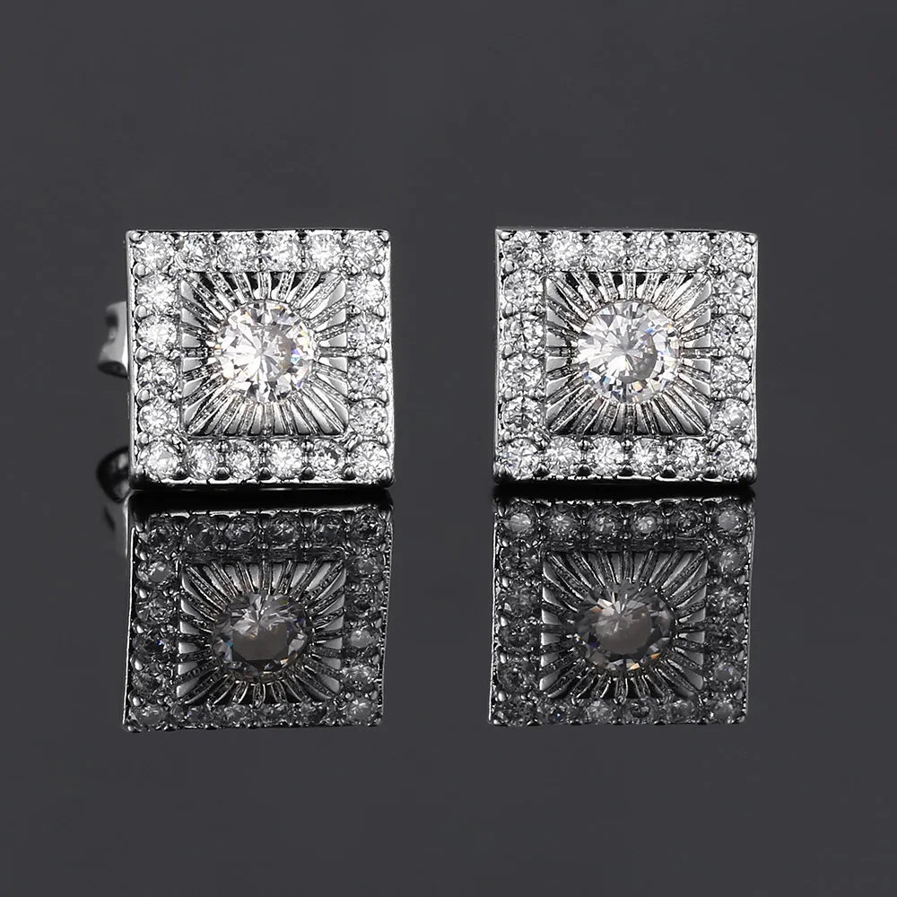 Silver Iced Out Square Stud Earrings CZ