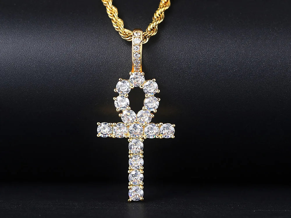 Gold Iced Out Cross Ankh Pendant Necklace