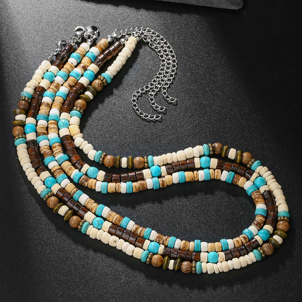 Wooden Coconut Shell Turquoise Bead Necklace — Two-Tone