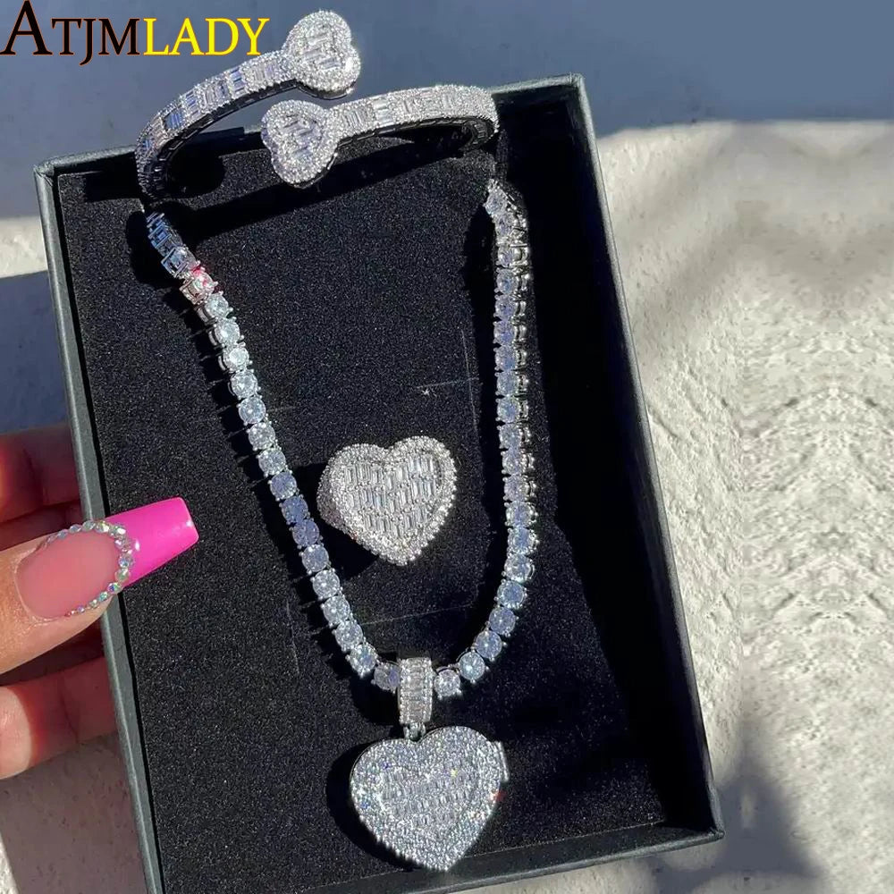 Iced Out Locket Love Heart Charm Pendant Can Be Opened DIY Photo Hip Hop 5A Cubic Zirconia CZ Tennis Chain Necklace Mens