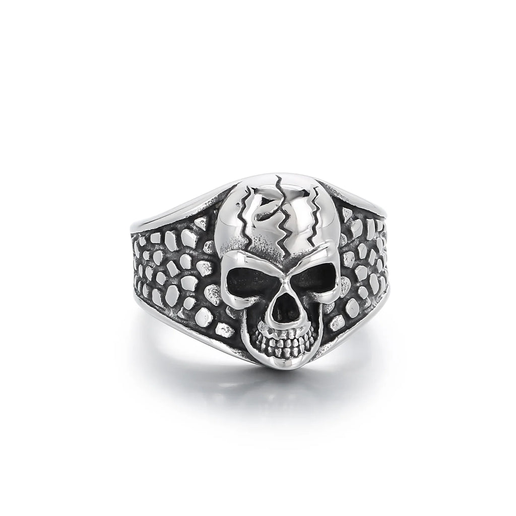 Stainless Steel Men Skull Ring Retro Cracked Skull Biker Ring Textured Band Vintage Punk Rock Fashion Jewelry for Men