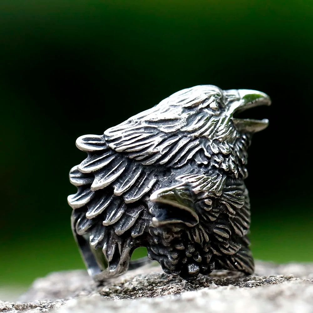 2023 NEW Men's 316L Stainless Steel Rings Nordic VIKING Odin Double Headed Bird Headed Animal Ring Amulet Jewelry Free