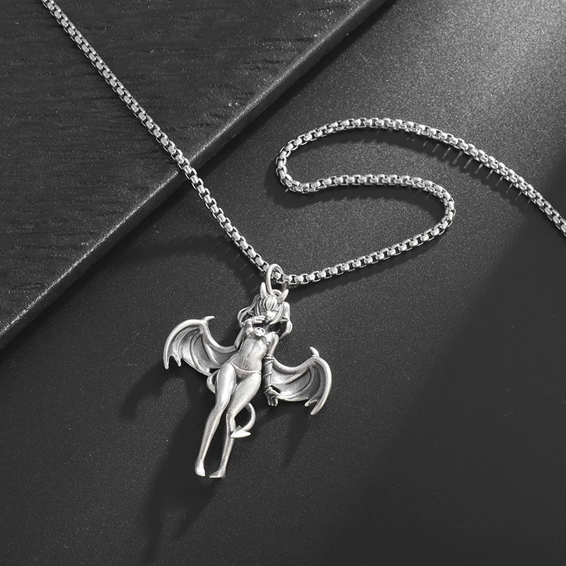 Gothic Punk Sexy Devil Bat Girl Goddess Pendant Necklace for Men and Women Hip Hop Trendy Halloween Cosplay Party