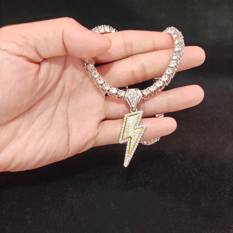 Hip Hop Lightning Pendant Necklace with 4mm Zircon Tennis Chain Iced out Bling HipHop Necklaces for Men Women fashion jewelry