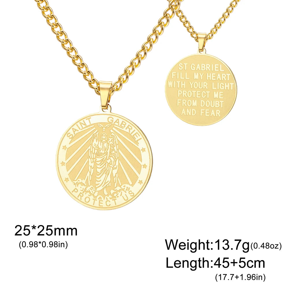 Dawapara Archangel Gabriel Pendant Necklace Double Side Carved Spiritual Protection Amulet Stainless Steel Jewelry