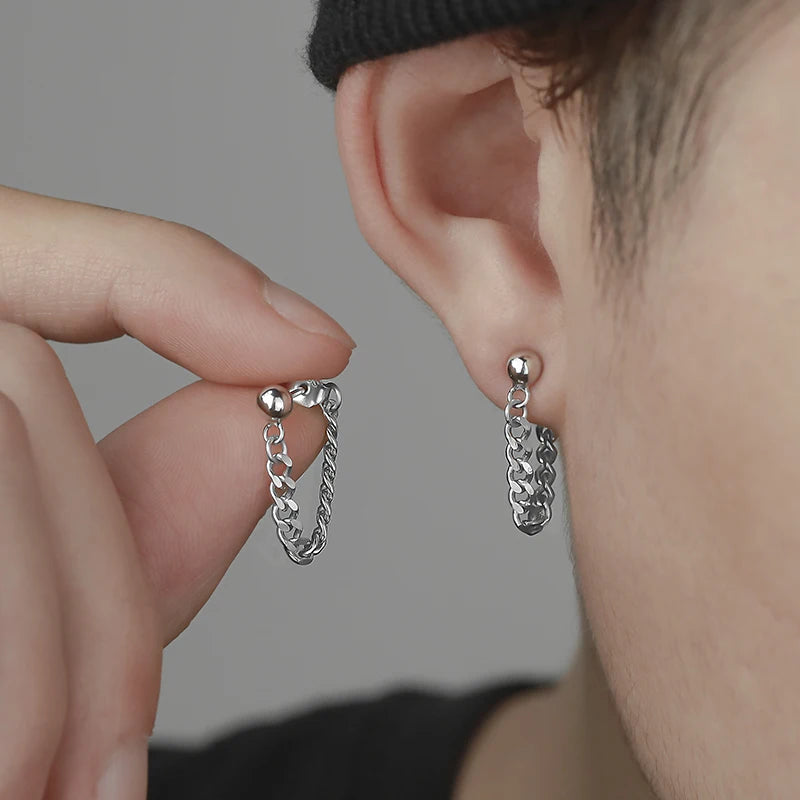 Black Steel Chain Stud Earrings Minimal