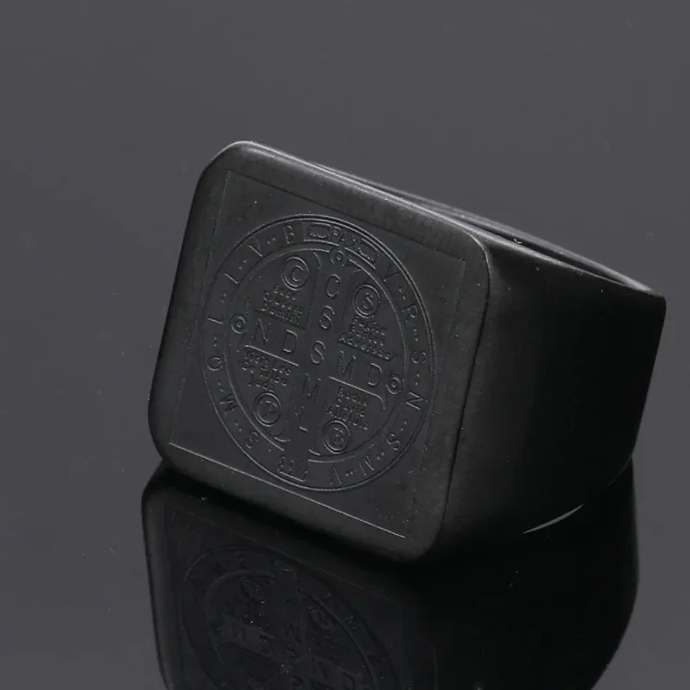 St. Benedict Exorcism Ring for Men — Geometric Square Band