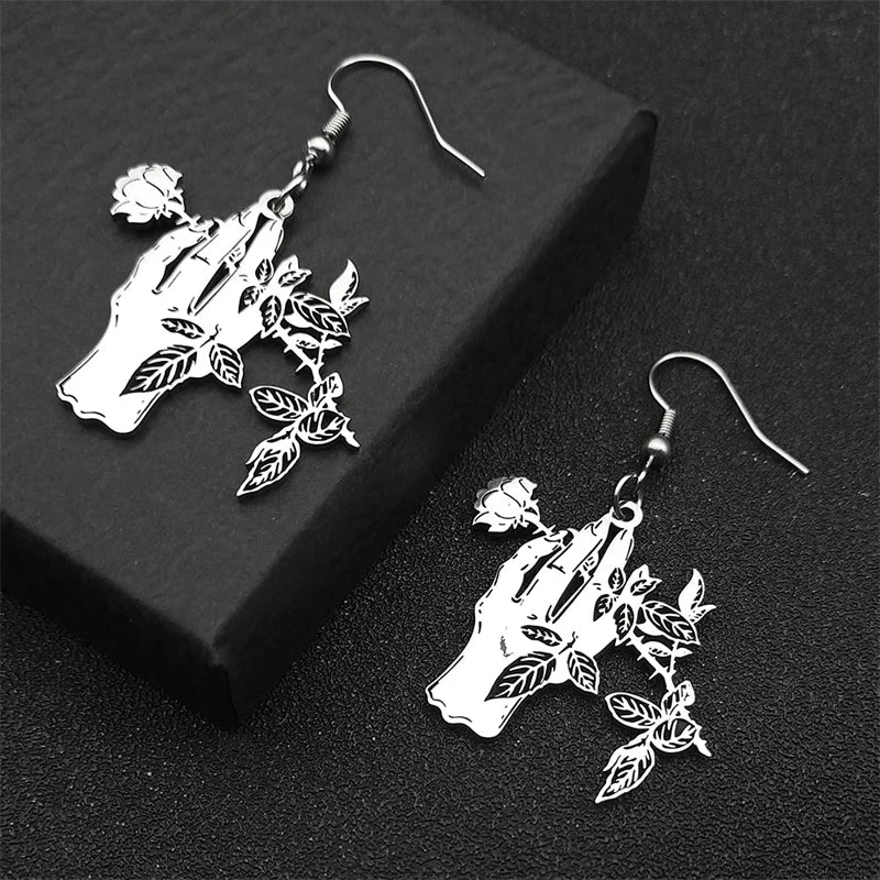 Gothic Silver Earrings Punk Rose Hand Hoop Elegant